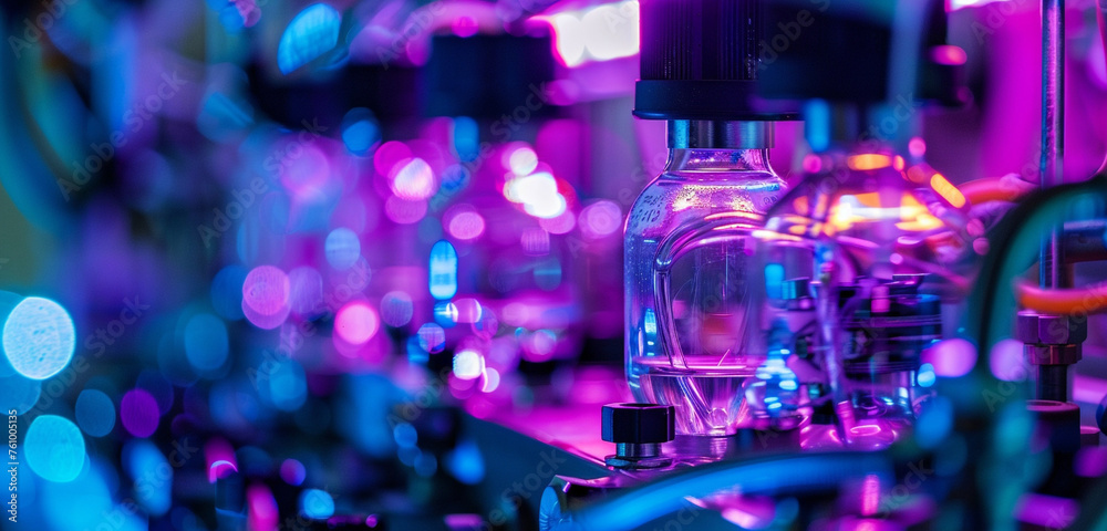 Close-up on precision and complexity of a bioreactor's tubing and bottles, illuminated by rich violet light. Emphasizing depth of knowledge in biotechnological fields