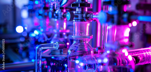 Close-up on precision and complexity of a bioreactor's tubing and bottles, illuminated by rich violet light. Emphasizing depth of knowledge in biotechnological fields