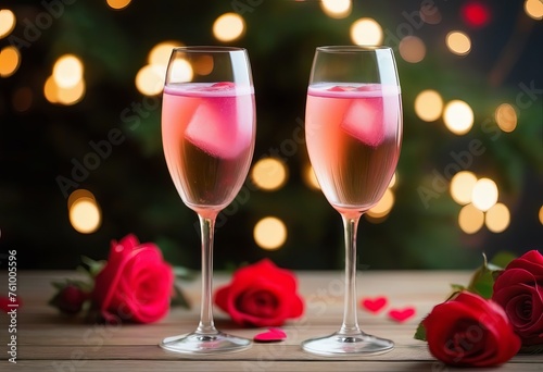 Festive pink cocktail with champagne or prosecco  for St. Valentine's day. Couple of glasses