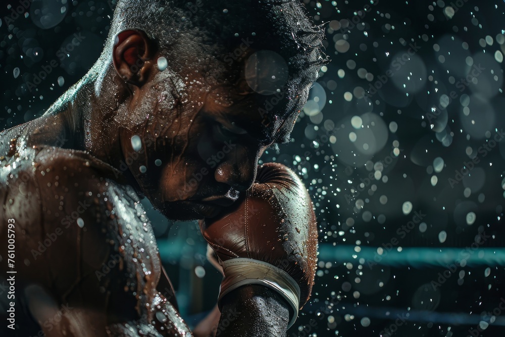 Boxer defending in the ring under the rain