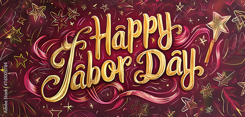 Deep maroon canvas showcasing  Happy Labor Day  in a large  animated handwriting effect  providing a rich  inviting visual