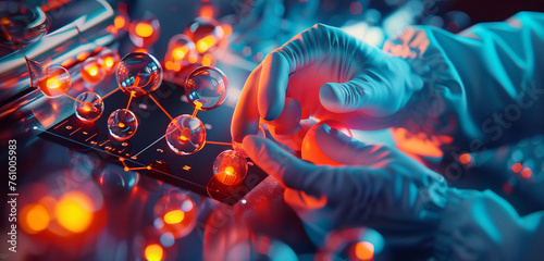 Detailed image of space gloves engaging switches on a nuclear magnetic resonance (NMR) spectrometer, orange-red light flashing, hands analyzing molecular structures
