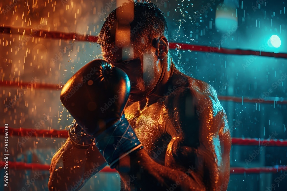 Boxer defending in the ring under the rain - obrazy, fototapety, plakaty 