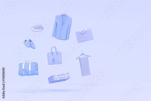 man fashion accessories bag, dress ,shoes, shirt, high heels, perfume, gift box in bag shopping on pastel purple background. Advertisement idea. Creative compositing. 3d render 