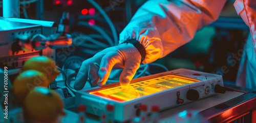 Detailed view of astronaut gloves calibrating a pH meter, lemon light on the display screen, hands measuring solution acidity