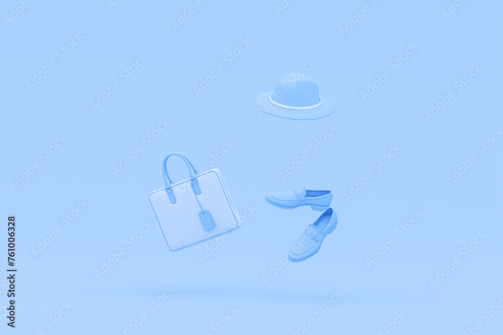 Men fashion accessories bag, dress ,shoes, shirt, high heels, perfume, gift box in bag shopping on pastel blue background. Advertisement idea. Creative compositing. 3d render	