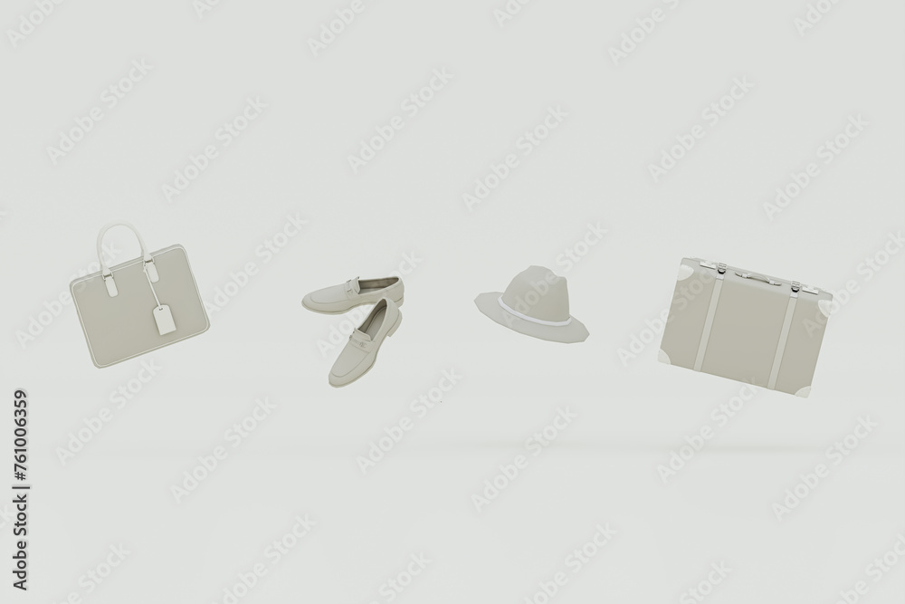 Men fashion accessories bag, shoes, shirt, gift box in bag shopping on pastel beige background. Advertisement idea. Creative compositing. 3d render Men fashion accessories bag, shoes, shirt, gift box in bag shopping on pastel beige background. Advertisement idea. Creative compositing. 3d render