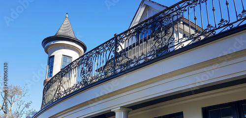 Detailed view of the silver wrought-iron balcony railing of a 1920s French provincial house in Lakewood, with the turret against a clear azure sky