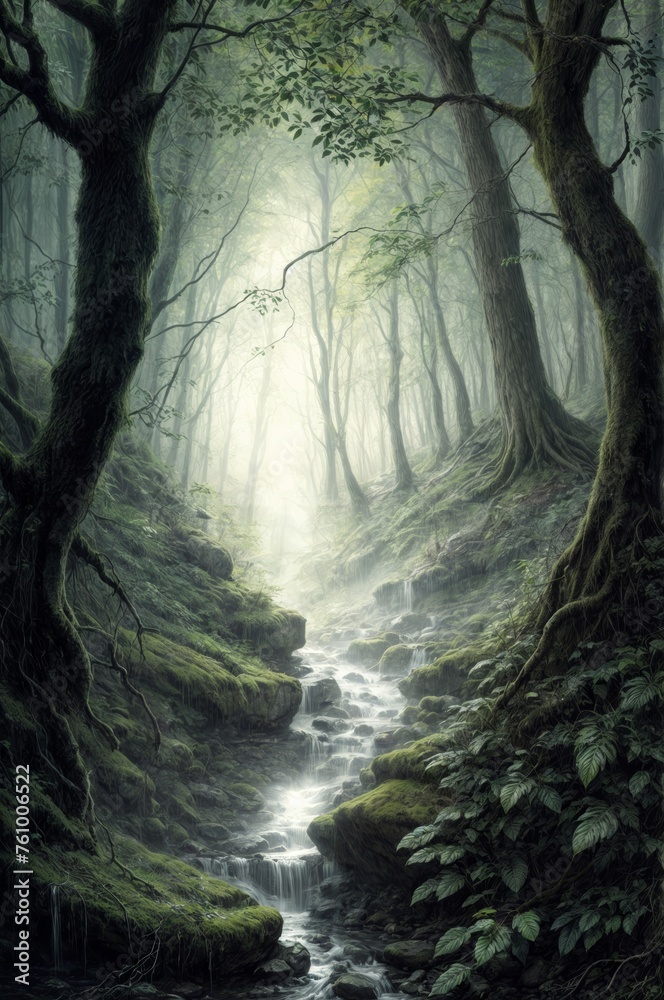 Mysterious deep forest with a stream flowing through the mossy rocks