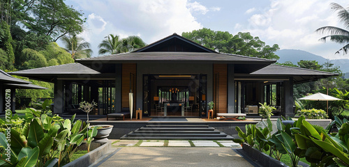 An elegant one-story traditional home with a black facade and dark grey accents, set in a serene landscape with banana trees