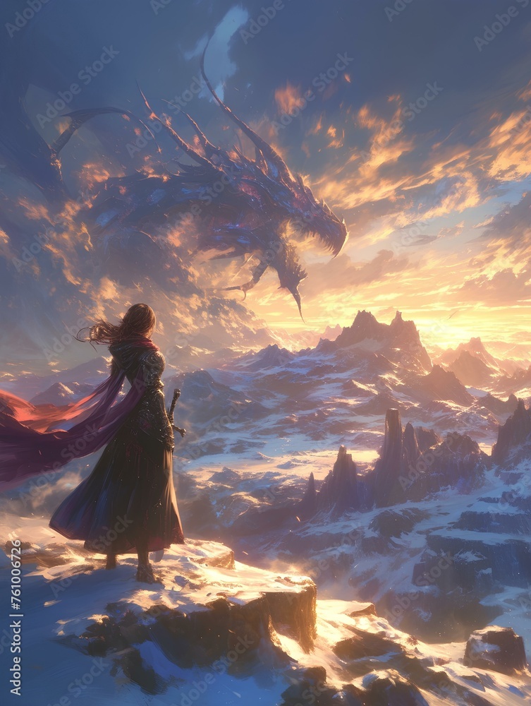 Fototapeta premium female knight watching ancient dragons ascend over snow-covered snow mountains. magnificent epic fantasy. digital art style, illustration. graphic novel wallpaper. anime aesthetic. generative AI
