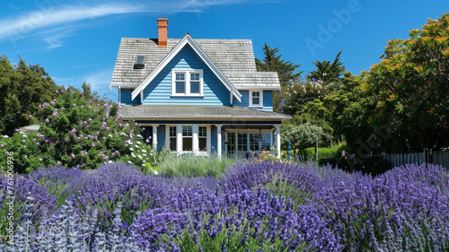 Envision a tranquil blue and soft gray two-story house under a clear blue sky, symmetrical in design with white-trimmed windows, nestled among blooming lavender bushes