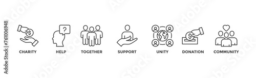Volunteering banner web icon vector illustration concept for volunteer aid assistant with icon of charity, help, together, support, unity, donation, and community 
