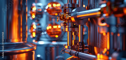Focusing on sleek lines and curves of a stainless steel bioreactor and its attachments, under glowing orange light. Symbolizing warmth of human ingenuity