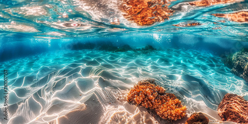 Sunny Coral Seascape and Ocean Floor. Sunlight filters through the sea, highlighting the intricate patterns of corals and the textured ocean floor.