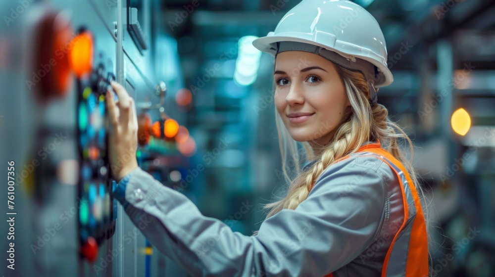 Professional Female Operator in Hard Hat Setting up/ Programming CNC Machine Professional Female Operator in Hard Hat Setting up/ Programming CNC Machine