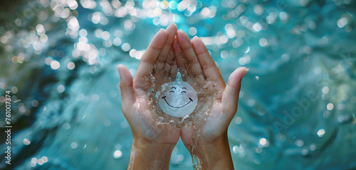 Hands cupping a perfect paper cut smiling face on a sparkling, turquoise stream of water, symbolizing the flow of joy and happiness through all seasons © Aaron Gallery  