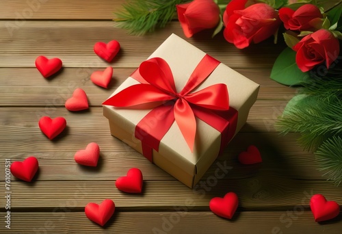 Gift box with red bow ribbon and paper heart on wooden table for Valentines day.