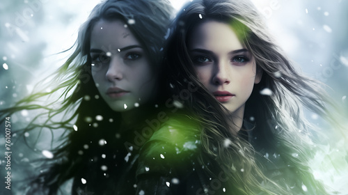 Two beautiful young women in the winter forest. Snowflakes. generativa IA
