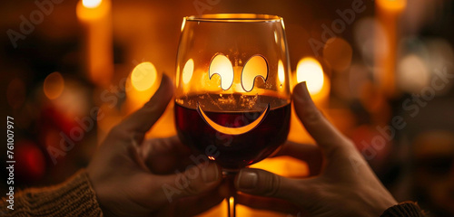 Hands enveloping a perfect paper cut smiling face on a rich, burgundy wine glass, illustrating the depth and richness of joy in shared moments of warmth photo