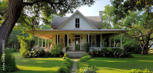 Charming single-story cottage with balanced proportions, shuttered windows, and a wraparound porch, surrounded by lime trees instead of cherry trees
