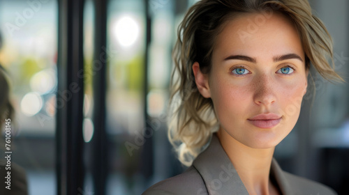 Stilvoll durchstarten in die Karriere: Die junge, blonde Geschäftsfrau, gekleidet in grauem Sakko, vor der eleganten Glasfront moderner Büros mit entschlossenem Blick. Free Download Stilvoll durchstarten in die Karriere: Die junge, blonde Geschäftsfrau, gekleidet in grauem Sakko, vor der eleganten Glasfront moderner Büros mit entschlossenem Blick. - GFXLoad