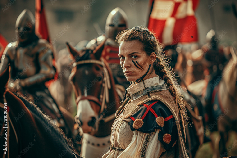 Medieval Female Knight on Horseback with Army of Knights in Historical Armor