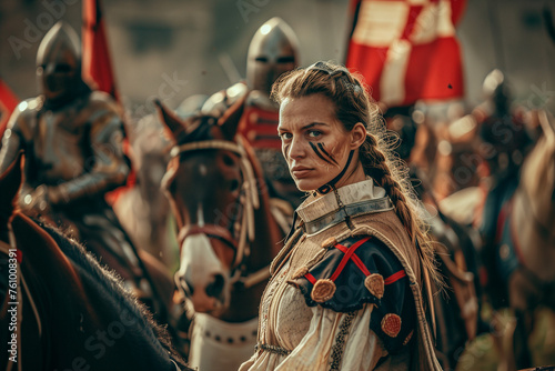 Medieval Female Knight on Horseback with Army of Knights in Historical Armor