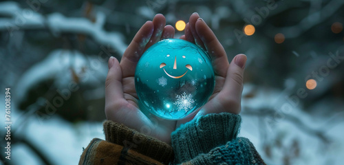 Hands holding a luminous, teal-colored glass orb, inside of which a perfect paper cut smiling face sparkles, illustrating peace and happiness in winter