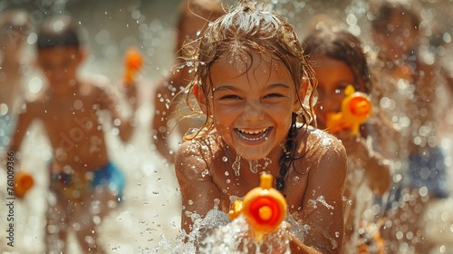 Surreal digital art montage of children laughing and playing with water guns on World Water Day. photo