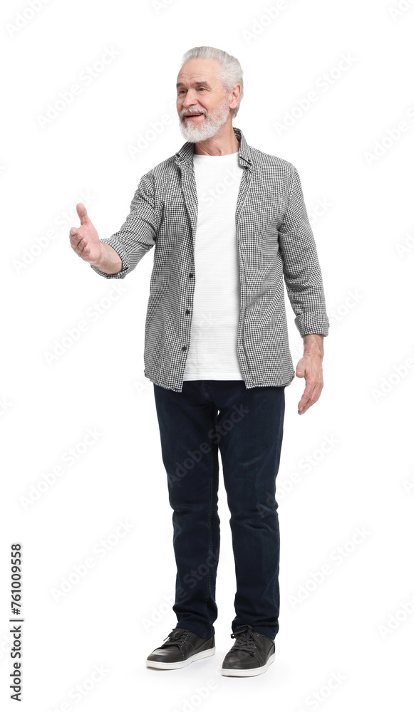 Senior man greeting someone on white background Senior man greeting someone on white background