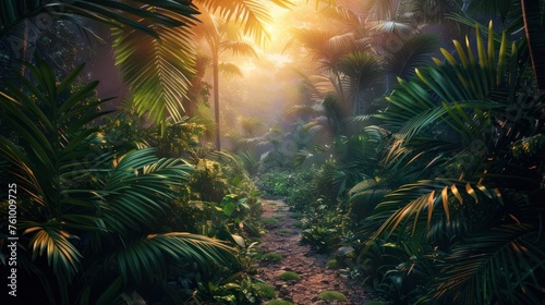 Highlight the sunrise in the forest and see the tropical palm trees and fern foliage growing abundantly. Exotic natural scenery with beautiful views.