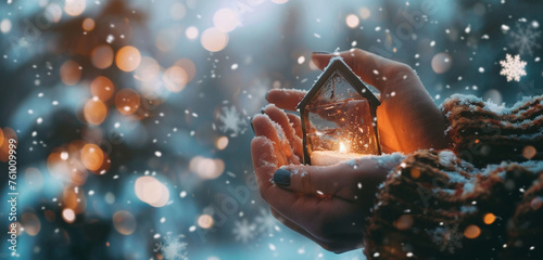 Hands tenderly cradling a miniature glass house among snowflakes, symbolizing fragility and warmth in cold surroundings photo