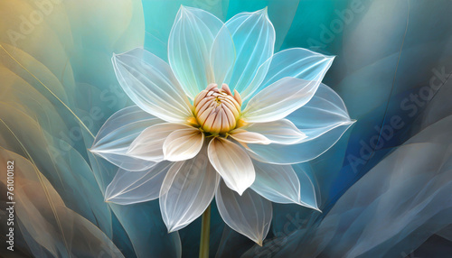 Ethereal single white translucent dahlia on soft blue abstract background  luxury wallpaper design