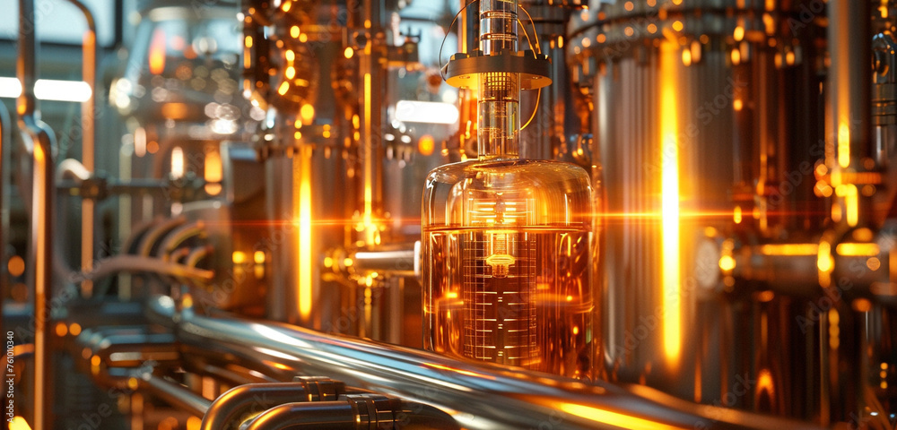 High-definition image showcasing elegance of a bioreactor and its complex tubing under soft amber lighting. Creating a cozy and inviting scientific environment