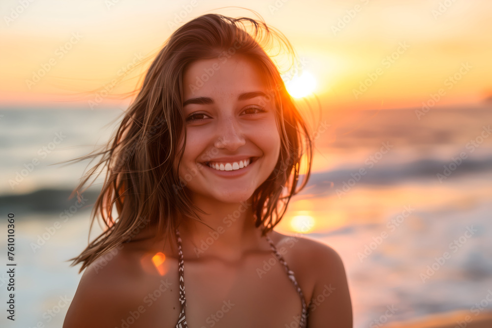 Joyful young woman graces the golden hour on the beach with a warm, sunlit smile