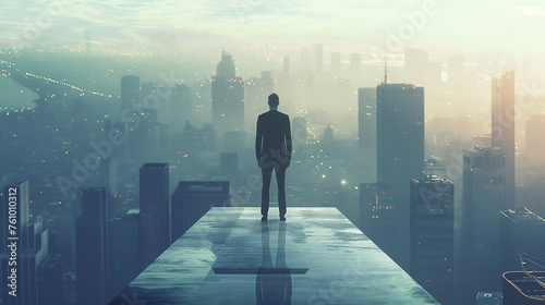 Businessman standing on a roof and looking at city.