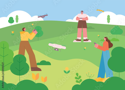 People are enjoying their hobby and leisure by flying drones with controllers in a wide natural background.