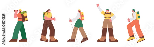 A collection of people wearing hiking boots, carrying backpacks, and holding hiking sticks.