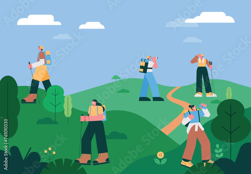 Mountain background. People are climbing the mountain wearing hiking backpacks and holding hiking sticks.