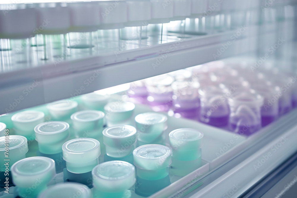 High-tech incubator with rows of cartilage cultures in pastel shades from lavender to mint under uniform light, isolated on a white background