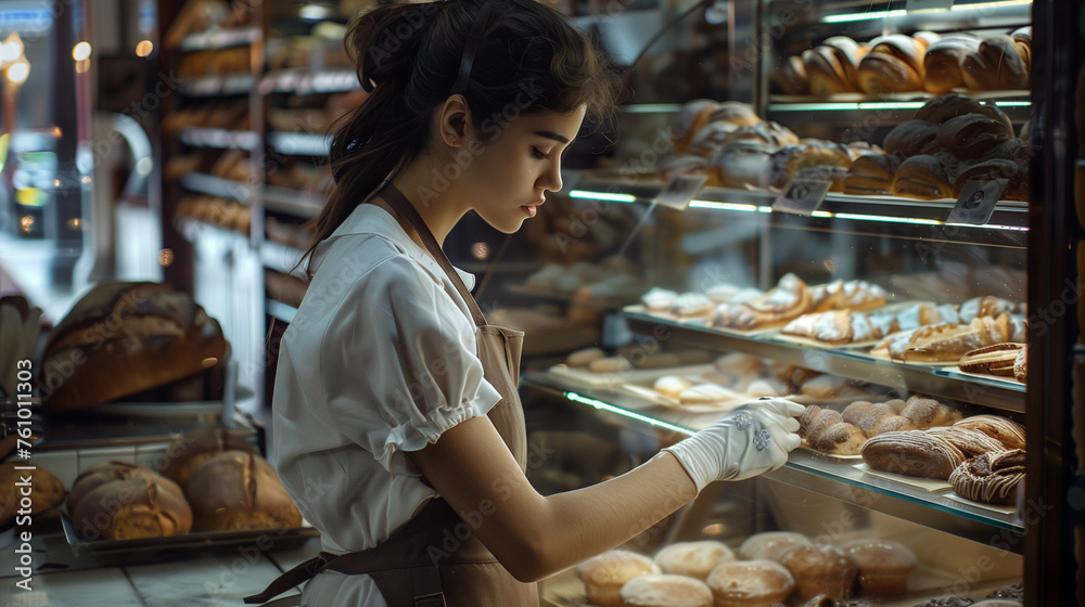 A woman with long dark hair works in a bakery, wearing a short-sleeved blouse and apron, focused and professional.