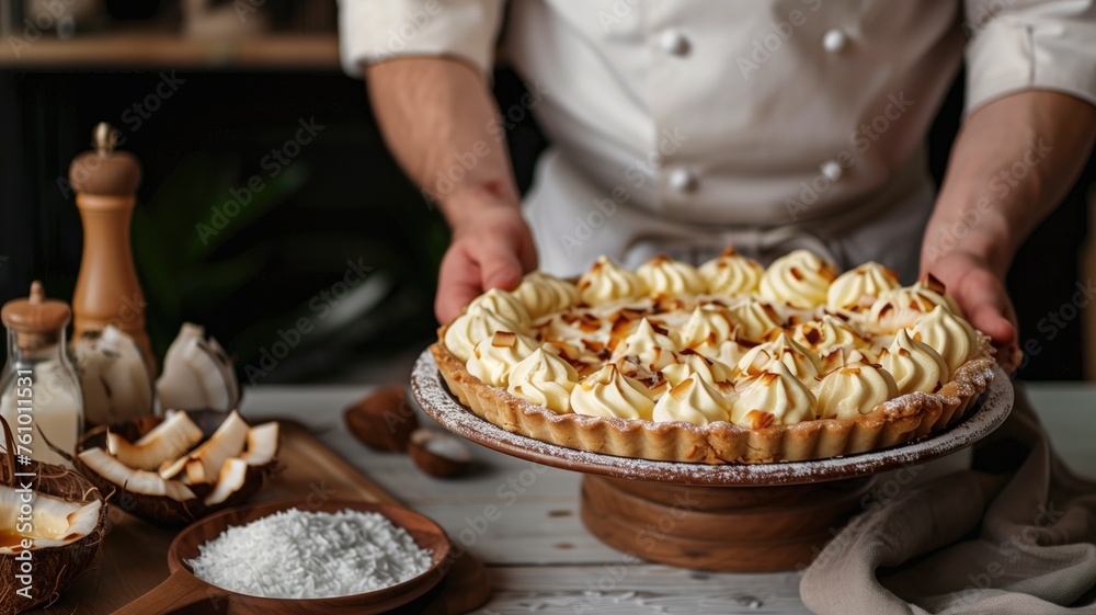 A chef holds out a coconut cream pie topped with golden-browned meringue swirls and coconut flakes A chef holds out a coconut cream pie topped with golden-browned meringue swirls and coconut flakes