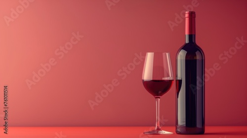 A still life of a full-bodied red wine in a clear glass next to an unopened bottle, set against a vibrant scarlet backdrop