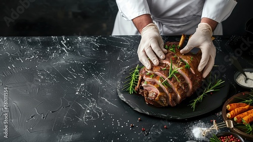 Chef prepares rack of lamb with herbs photo