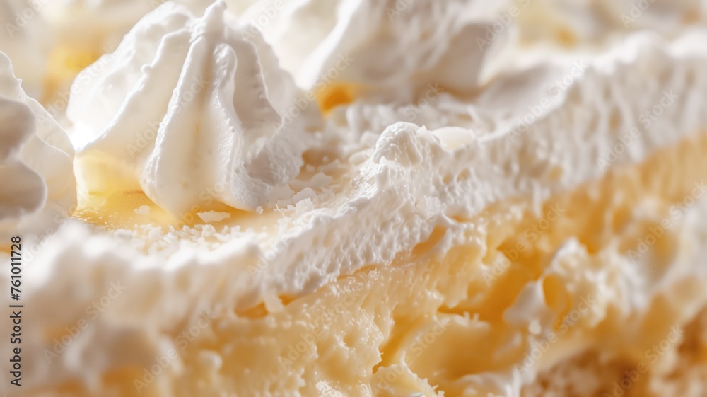 Close-up of decadent whipped cream peaks on a dessert, highlighting texture and richness Close-up of decadent whipped cream peaks on a dessert, highlighting texture and richness