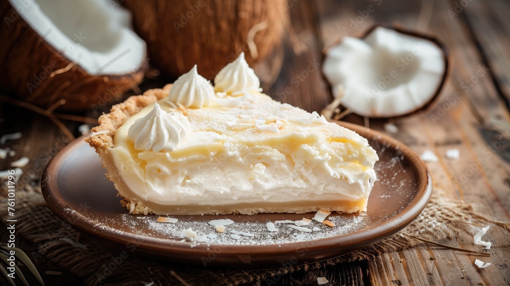 Luscious coconut cream pie slice topped with whipped cream Luscious coconut cream pie slice topped with whipped cream