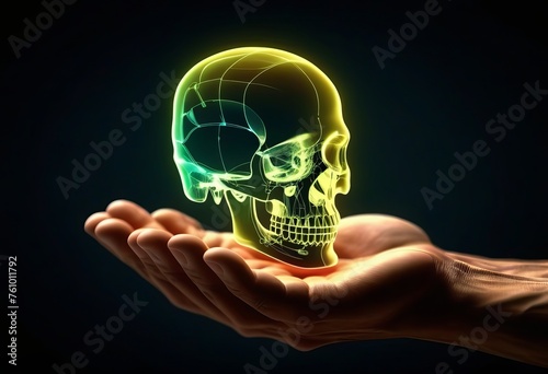 Man hand on dark background using digital x-ray skull holographic scan projection 3D rendering © Zahid