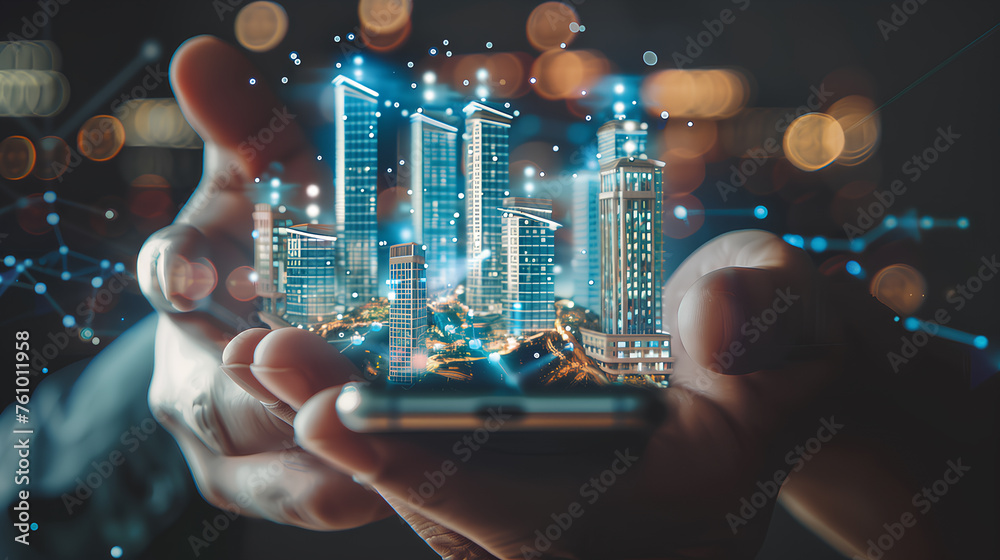 A hand holding a cell phone with a city view on the screen. Concept of wonder and amazement at the technology that allows us to see a city from the comfort of our own homes - obrazy, fototapety, plakaty 