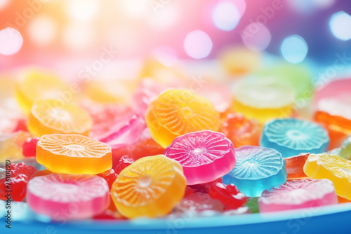 Tasty colorful jelly candies in the background, above view